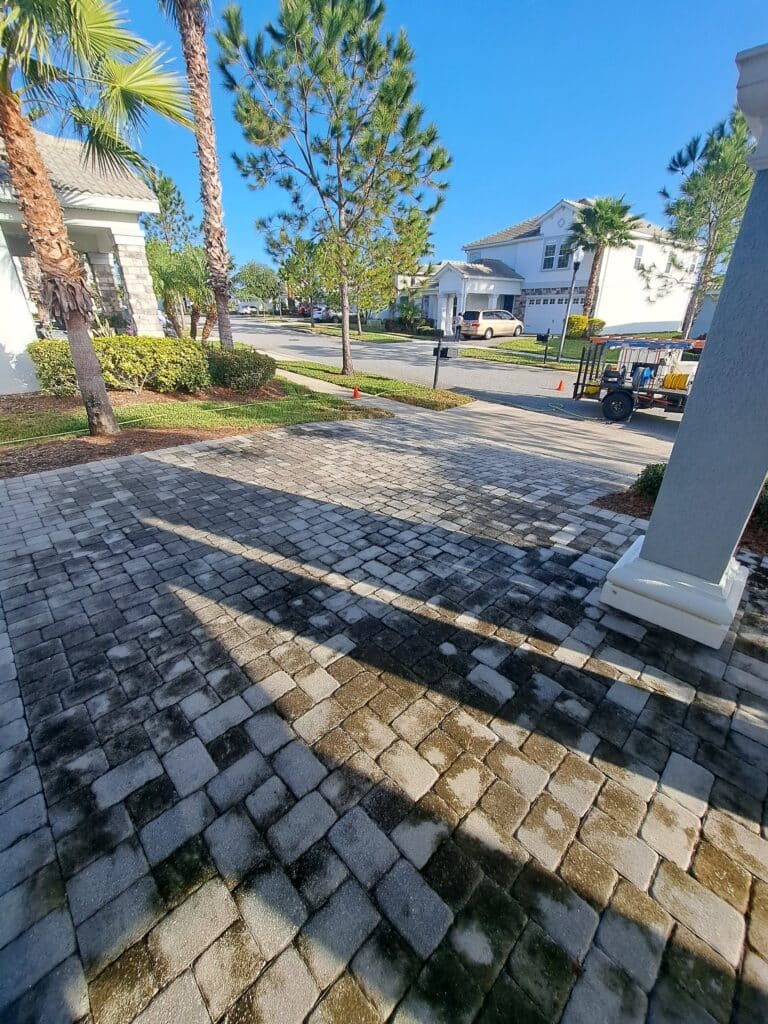 Before photo ALT:
Dirty paver driveway before paver driveway pressure washing